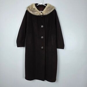 Vintage Donnybrook Brown Wool Coat Real Fur Collar Long Maxi Winter Women